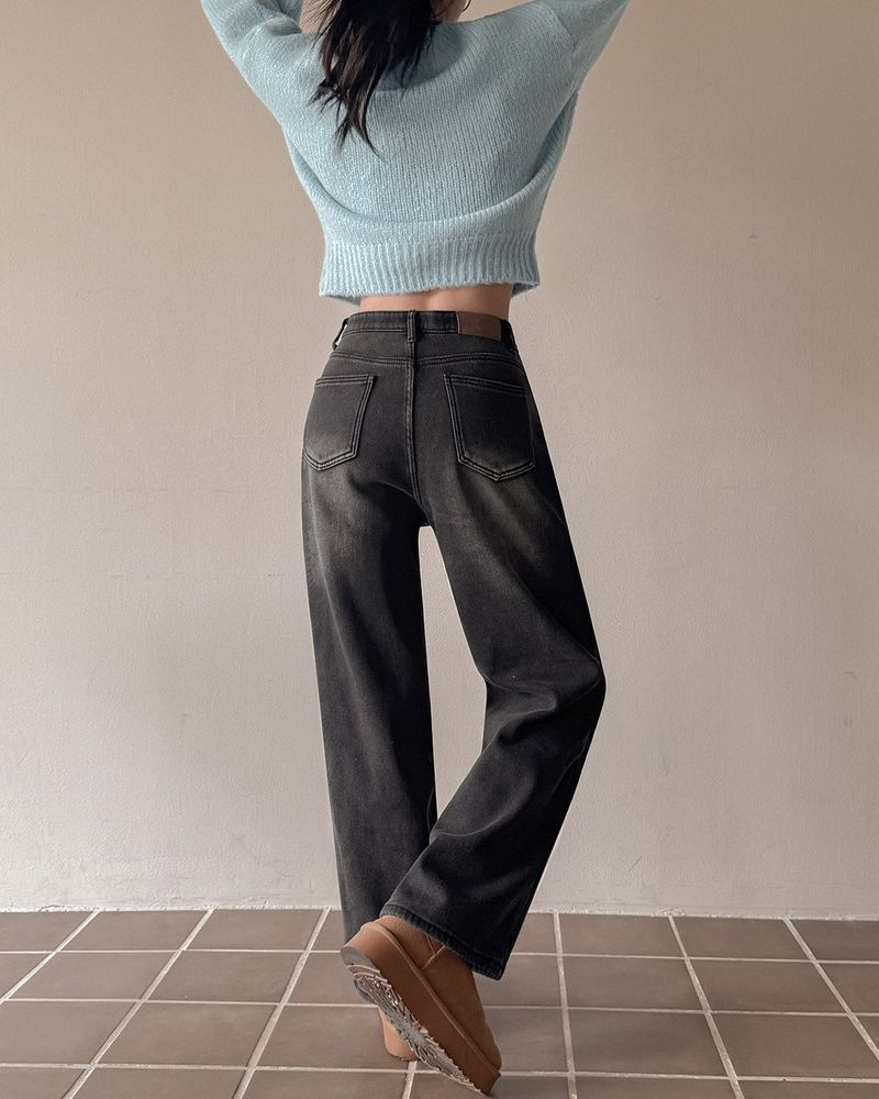 Fleece wide denim pants