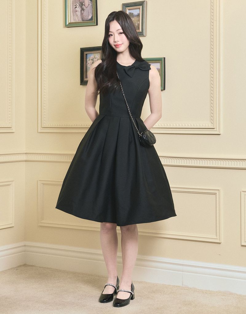 [LADY LINE] オフィーリアリボンポイントスリーブレスミディバルーンドレス ブラック