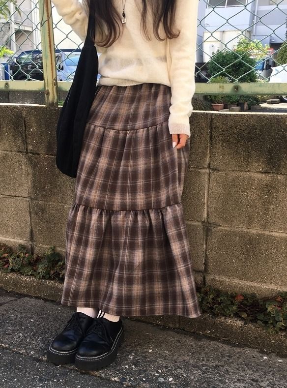 ターニー ティアード チェック ロング フレアスカート