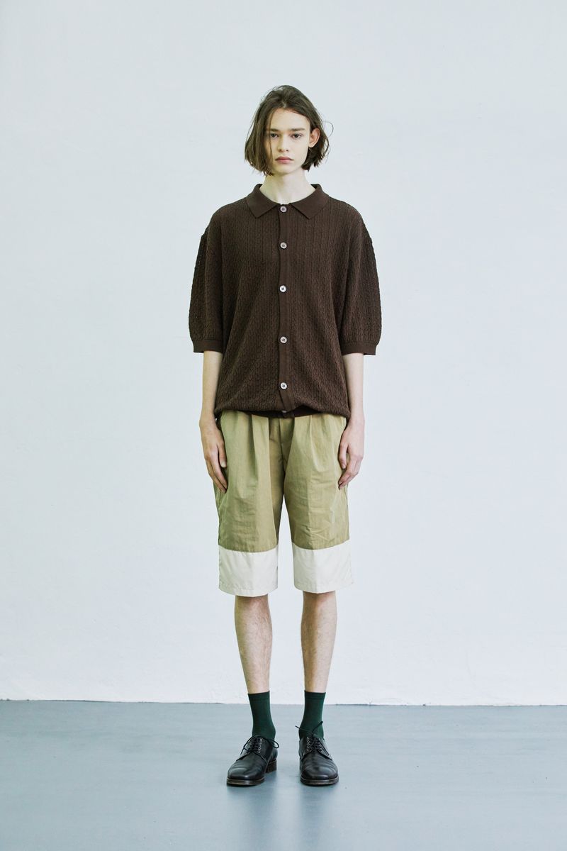 color block banding half nylon pants beige