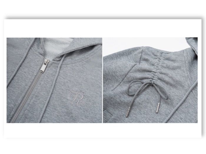 Ribbon Shirring Cropped Hood Zip-up_Gray