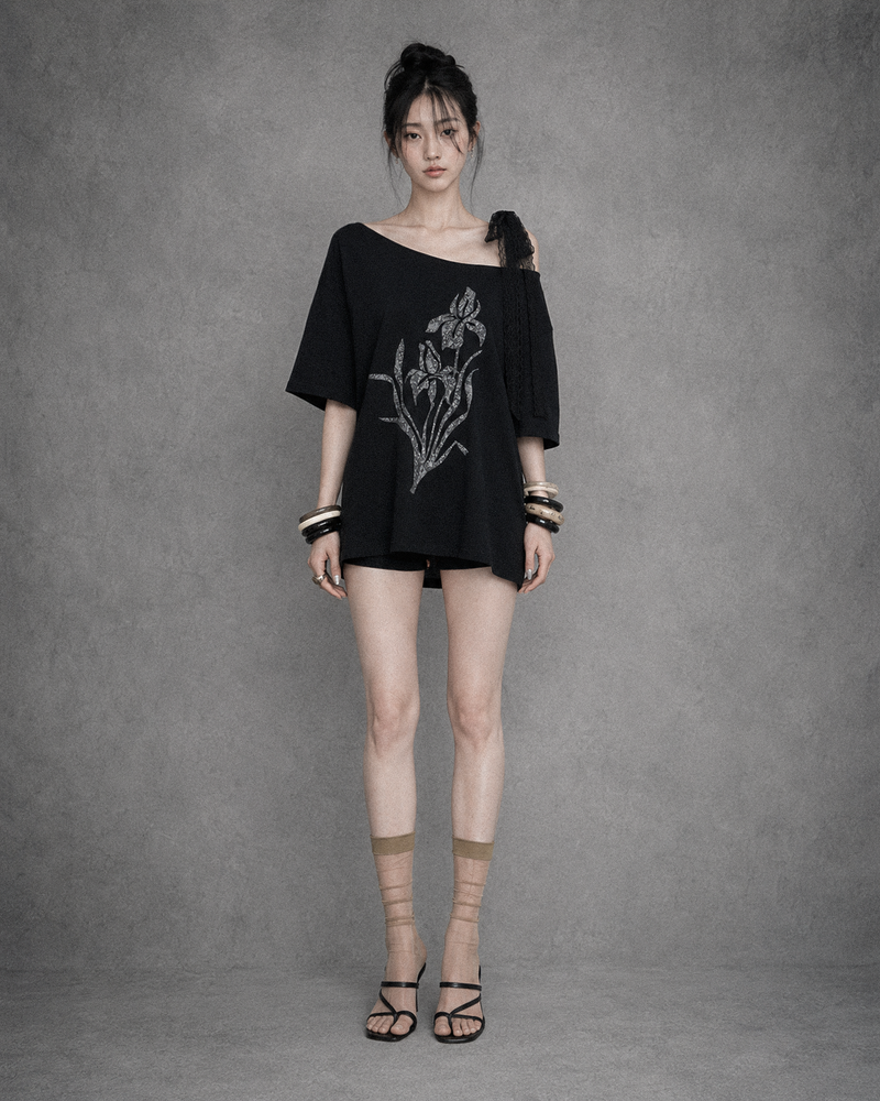 Iris Lace Ribbon Tee #Black(黑)