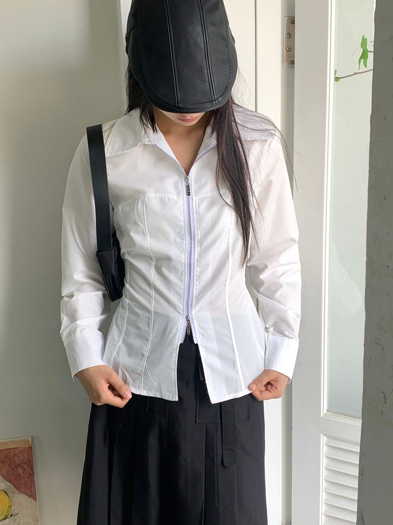 Philty strap cut-out zipper collar zip-up shirt jacket