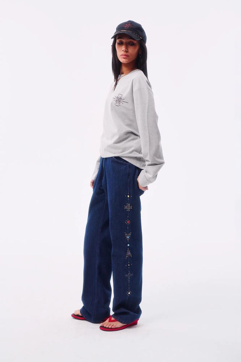 TOTEM RIVET FLOCKED DENIM PATCH STRAIGHT TAILORED JEANS