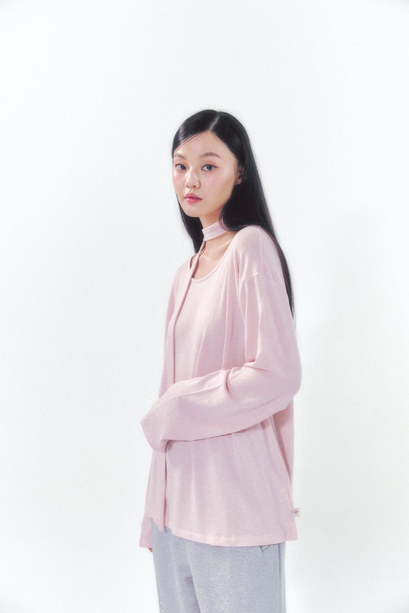 Knit Tie Long Sleeve Set Pink