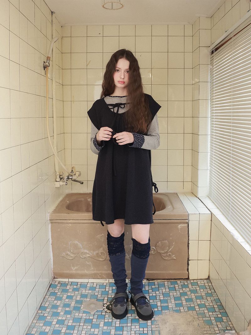 Pintuck waffle flare dress  / navy