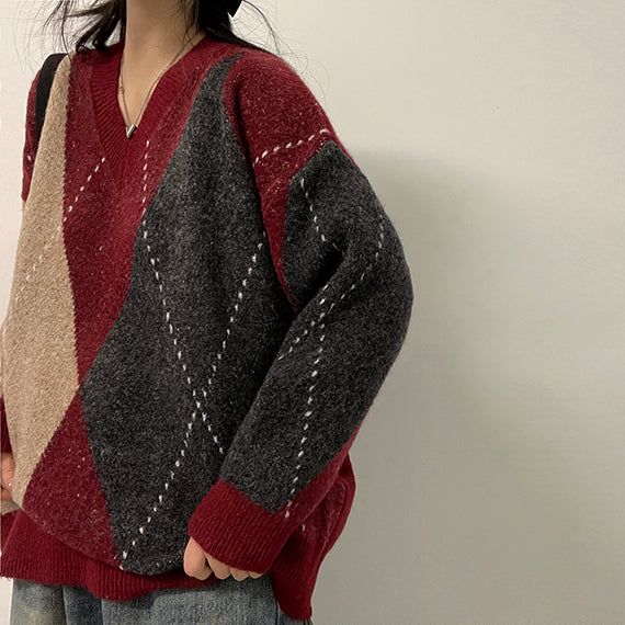 Seonan Argyle Over V-Knit