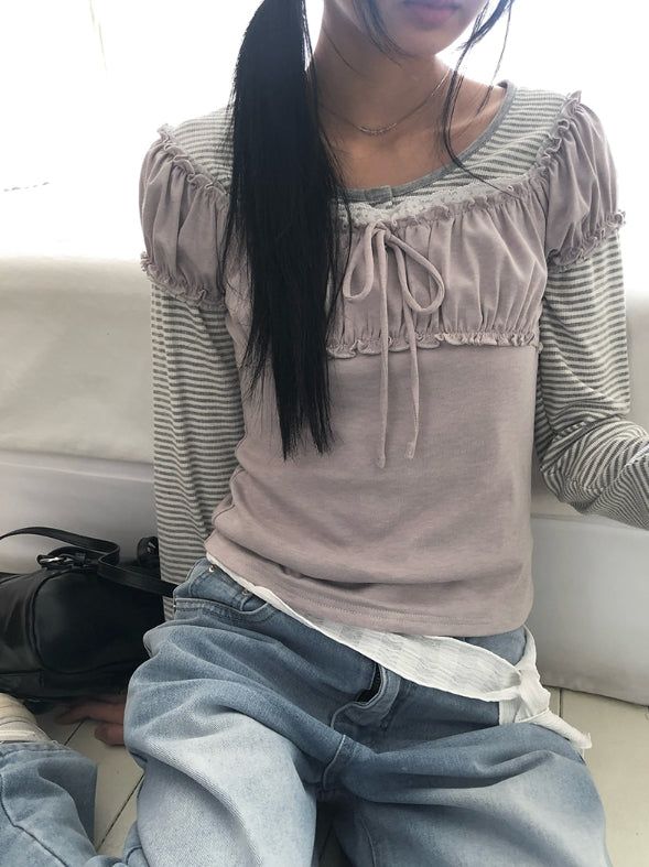 デトシャーリングハートネックレースリボン半袖Tシャツ