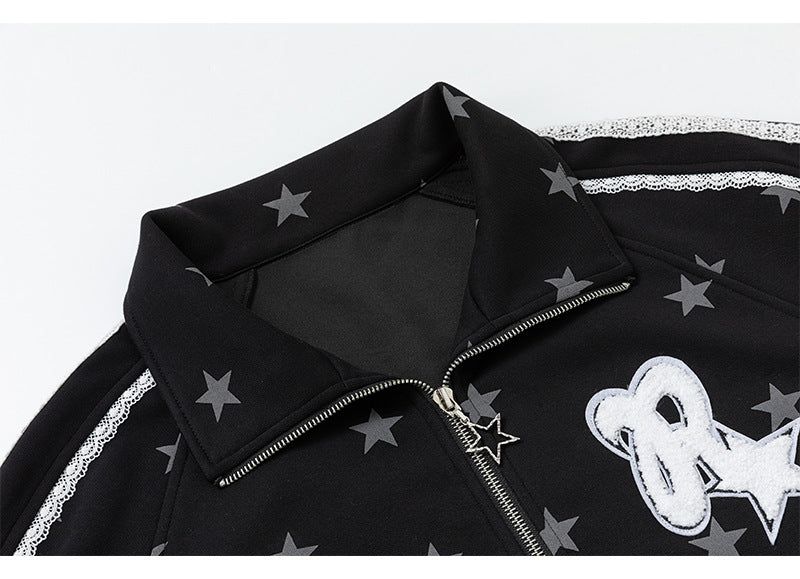 Kitsch Star Print Lace Trim Oversized Zip-Up Top