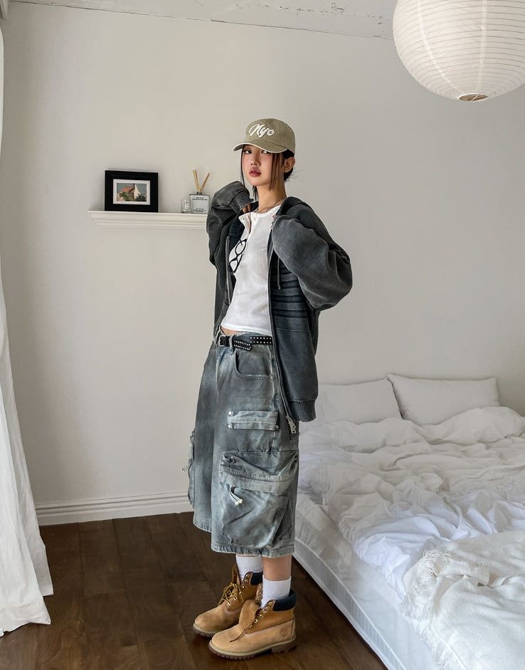 Burn dirty washing utility pocket bermuda pants