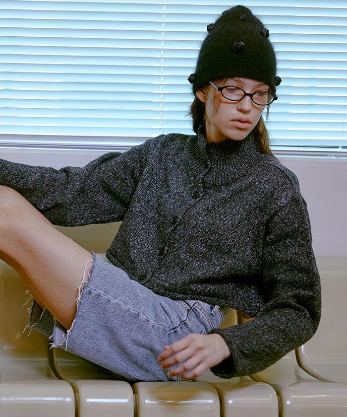 Boucle Turtleneck Cardigan (CHARCOAL)