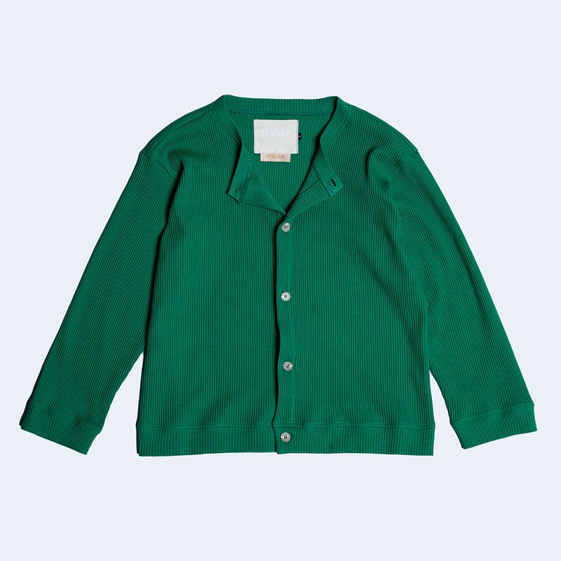 DAMP ROUND-NECK WAFFLE CARDIGAN_GREEN
