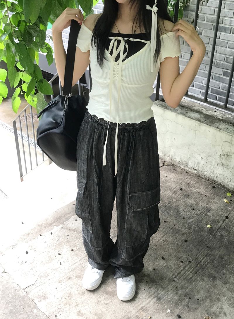 linen denim big pocket balloon cargo pants