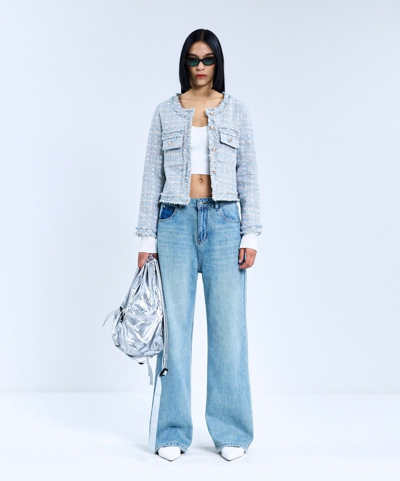 85-VIVAJ048 Multi-Color Crop Tweed Jacket Sky Blue