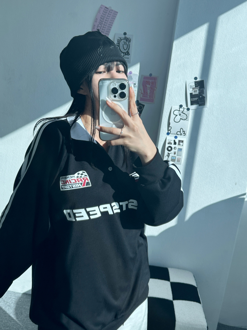 RAGLAN THREE-STRIPE COLLAR SWEATSHIRT🖤🩶🤍 - 3 COLORS