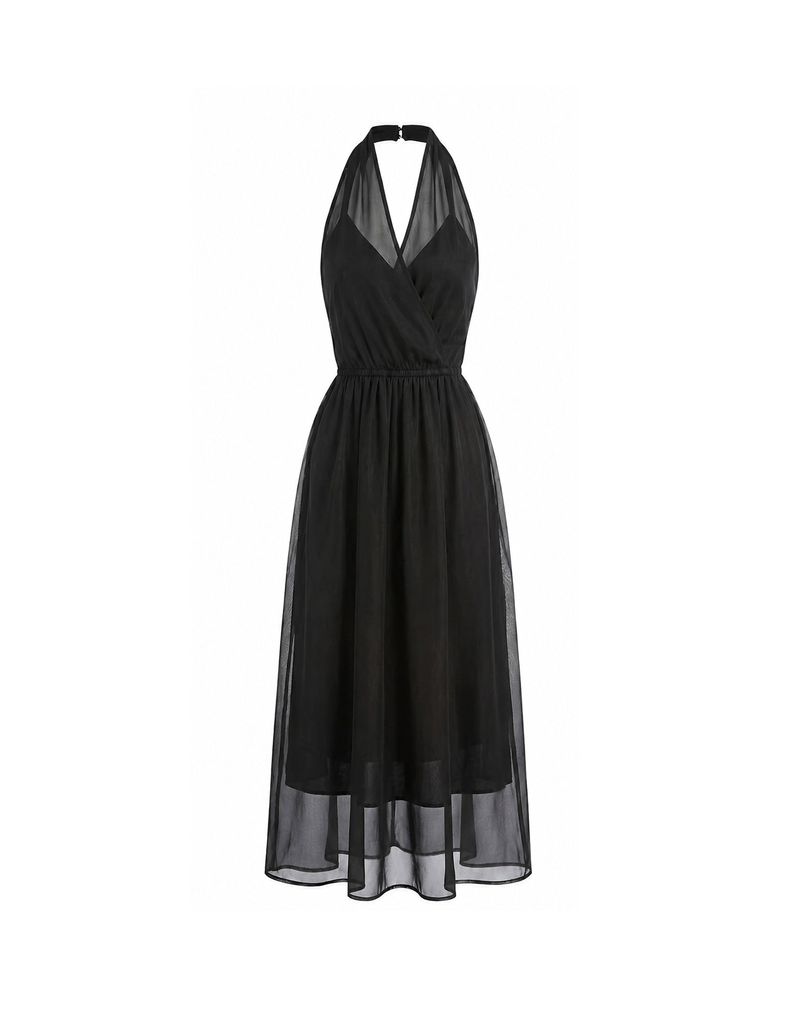 Lorielle Halterneck Sheer Wrap Long Dress Black