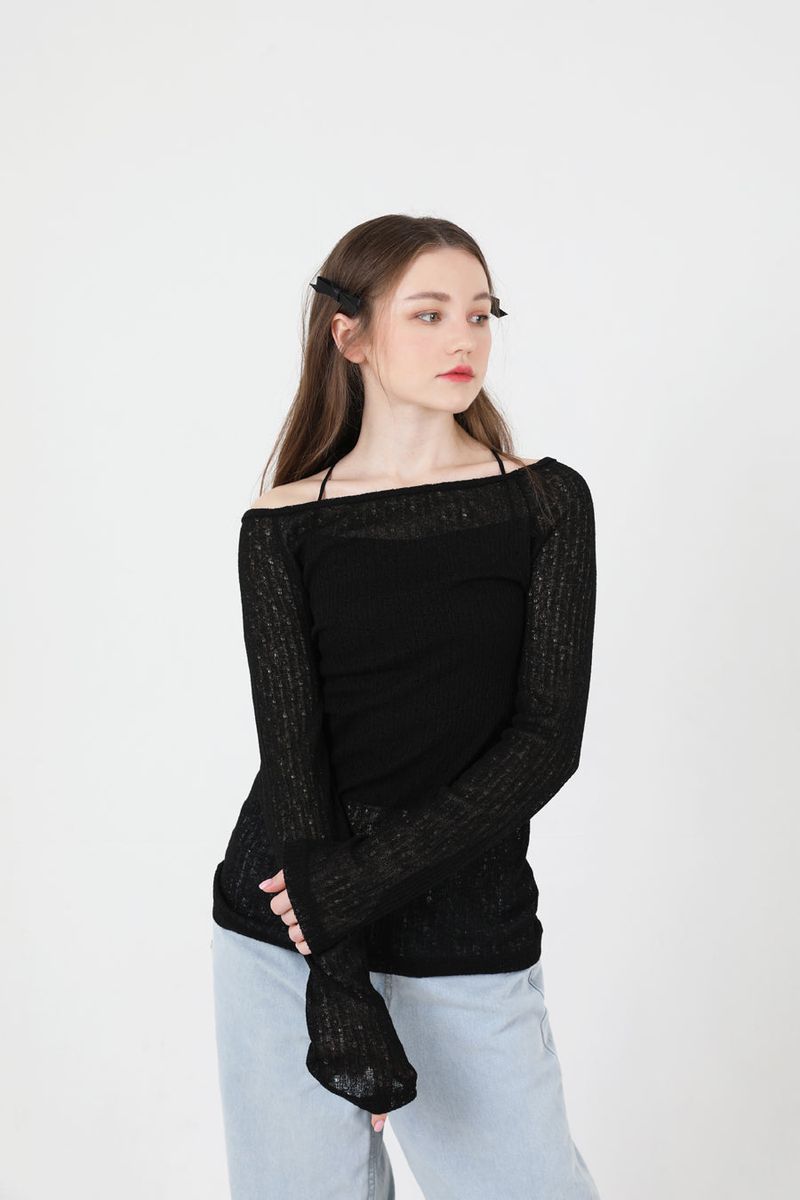 See-Throught Back Slit Long Sleeve Knit Black