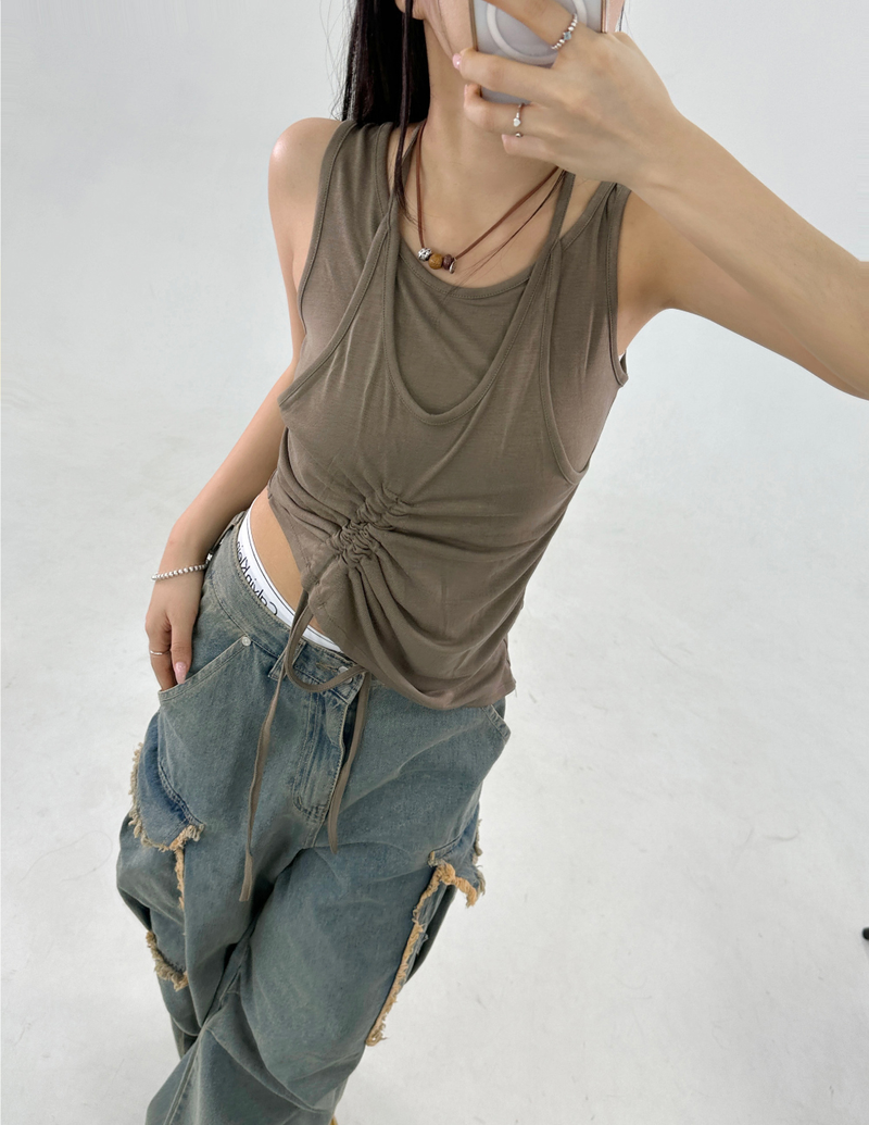 LAYERED SHIRRING POINT SLEEVELESS🤎💚🖤🤍 - 4 COLORS