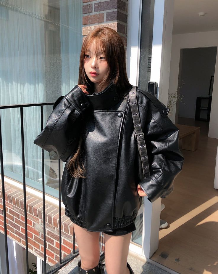 Saint High-Neck Unbalanced Leather Jacket