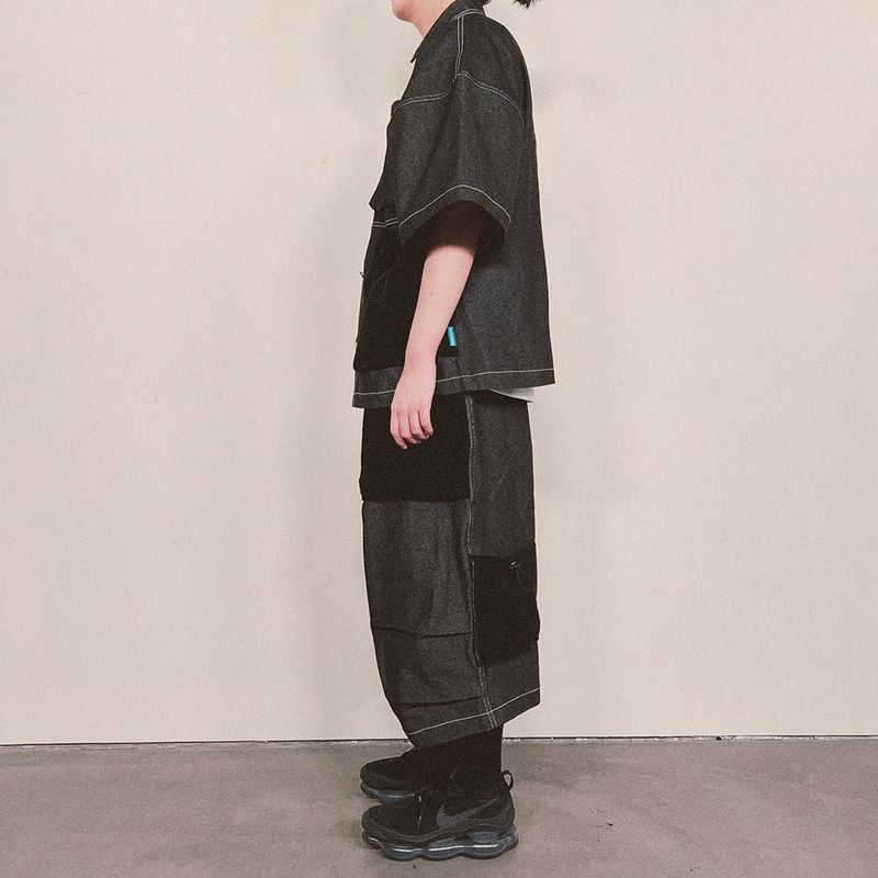 reverse terry pocket denim capri shorts_black