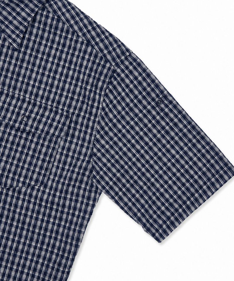 Sheer Kerr Roll-Up Checkered Cropped Short Sleeve Shirt - Navy