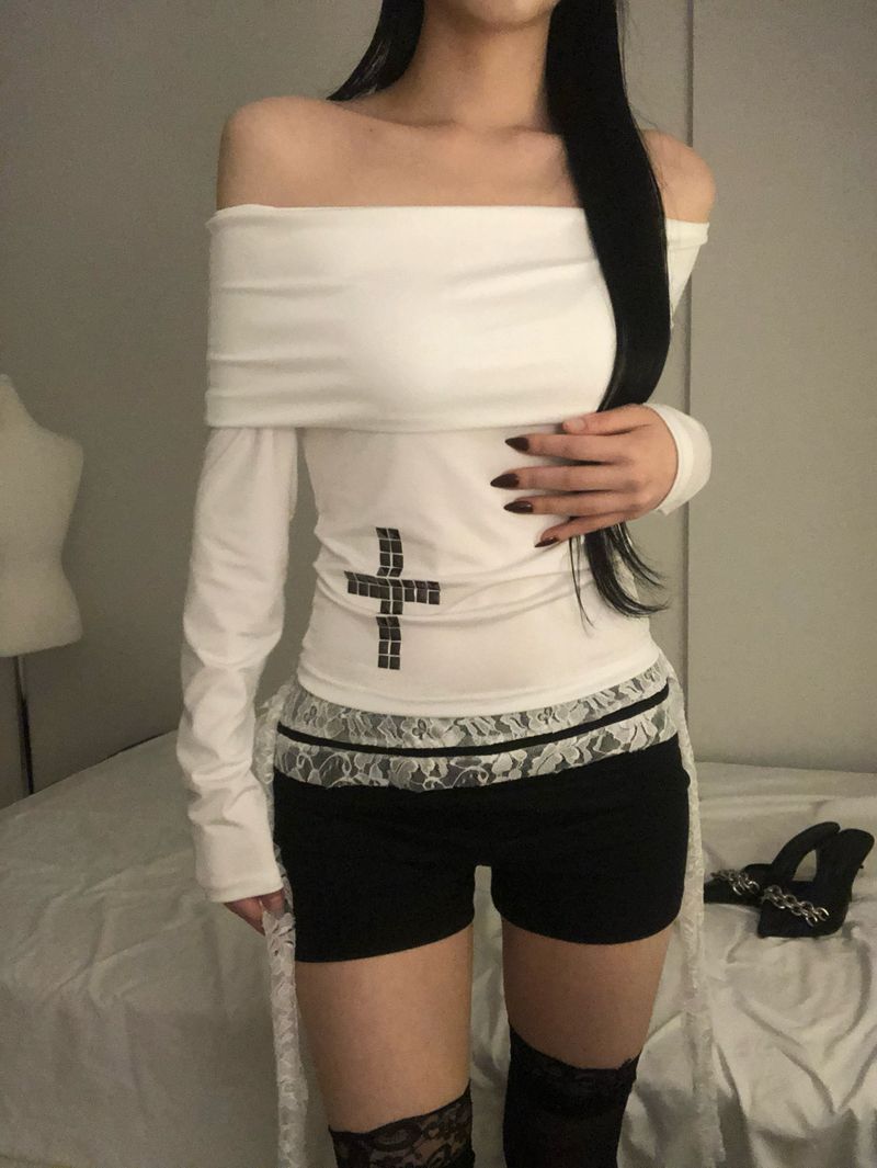 Crystal Stud Cross Off-Shoulder T