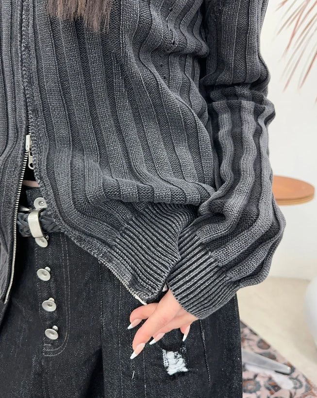 Terry Pigment Ribbed Knit Zip-Up