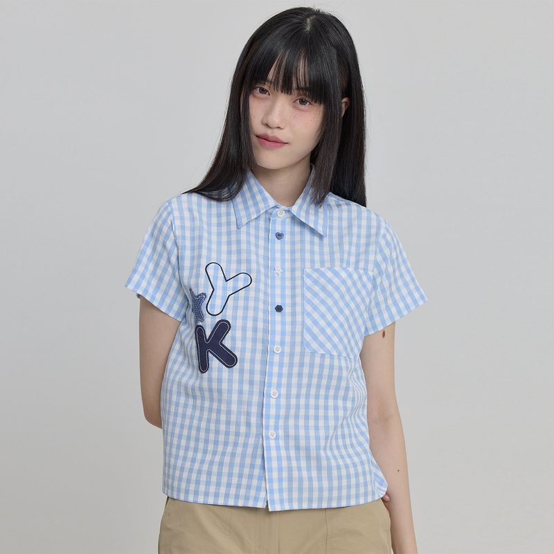 Check Applique Button Half Shirt