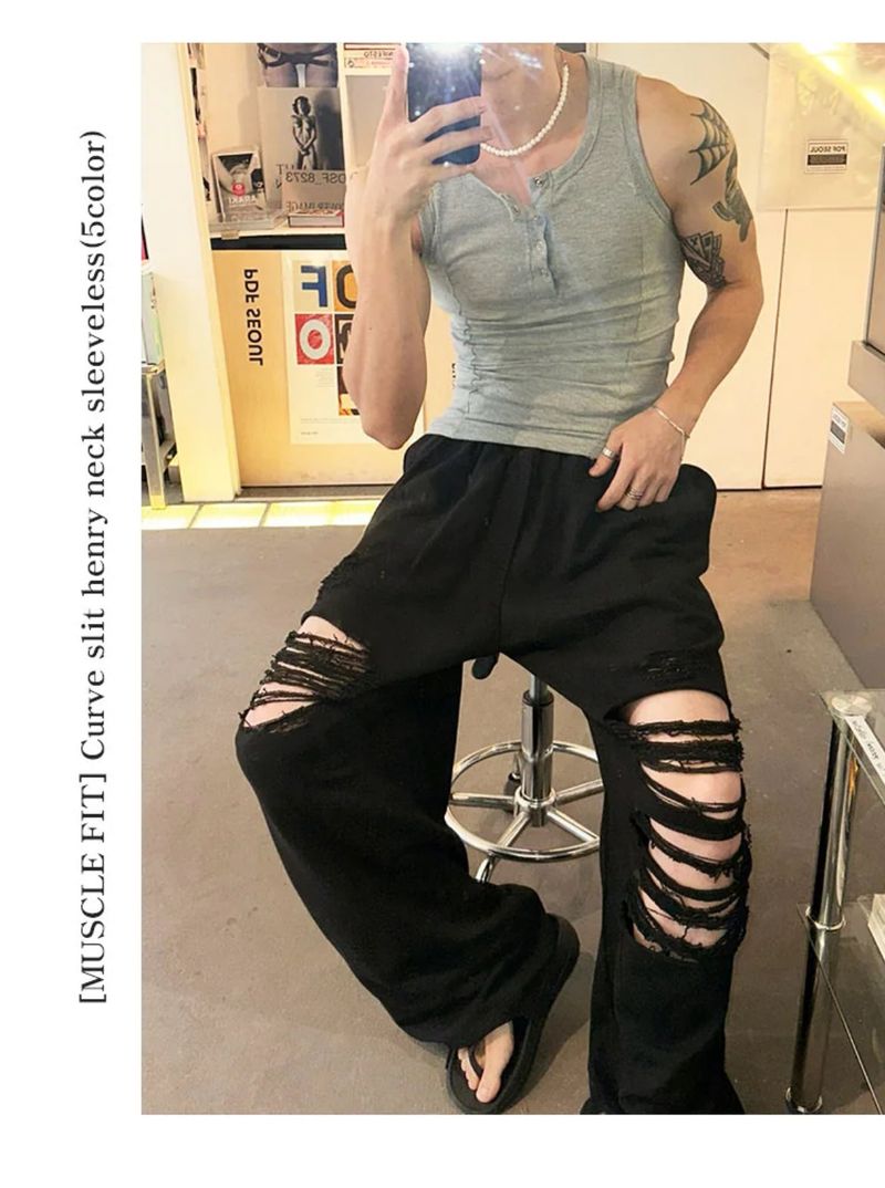 [MUSCLE FIT] Curve slit henry neck sleeveless(5color)