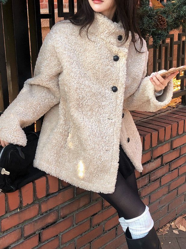 #Fluffy Boucle Ｈigh Neck Half Coat (4color)