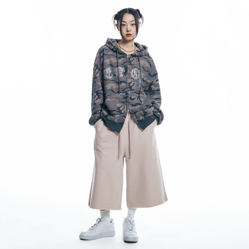 Rhinestone Camo Hoodie - BEIGE