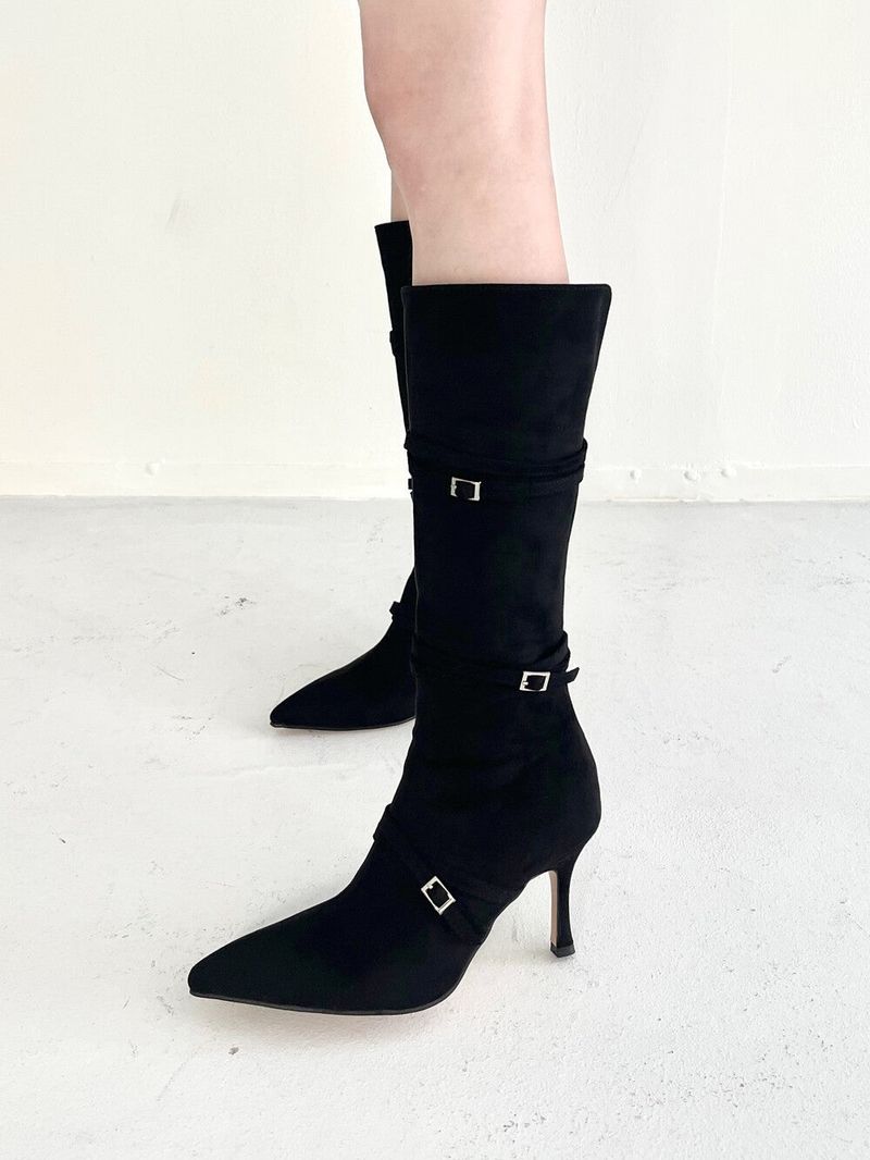 1068. Strap buckle stiletoe long boots heel (2color)