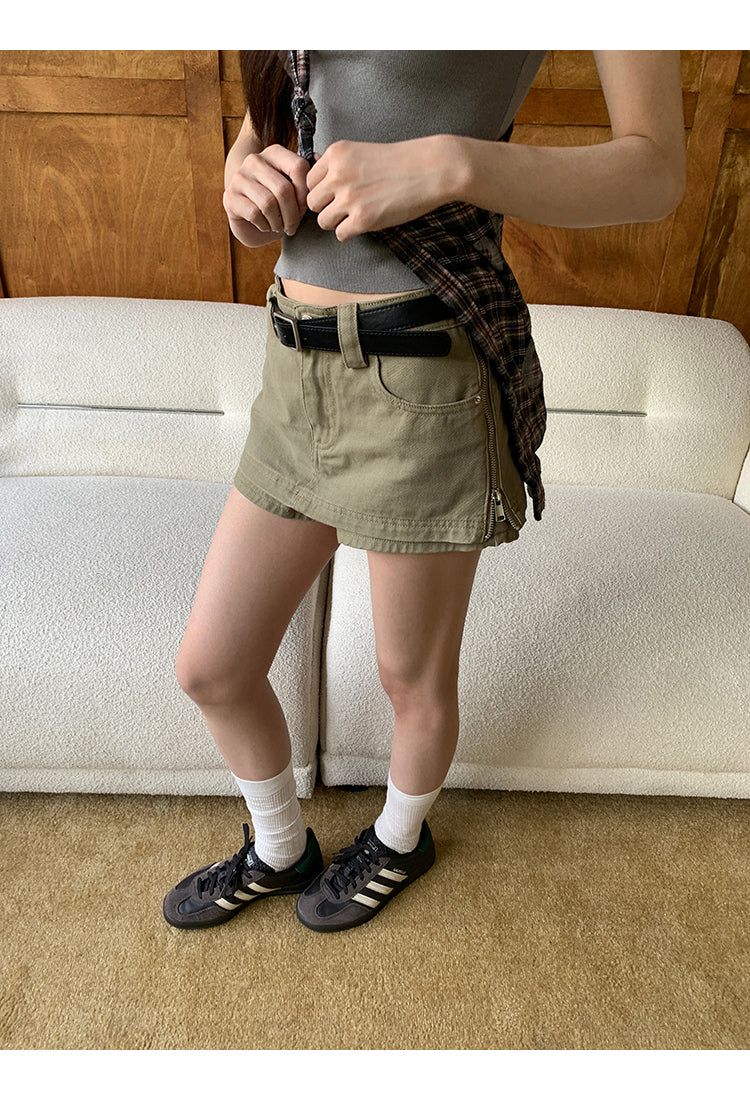 khaki cotton mini pants skirt
