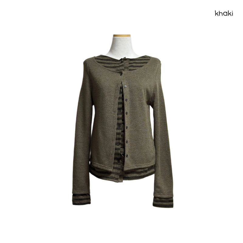 (3color) Ruffle Stripe Layered Cardigan