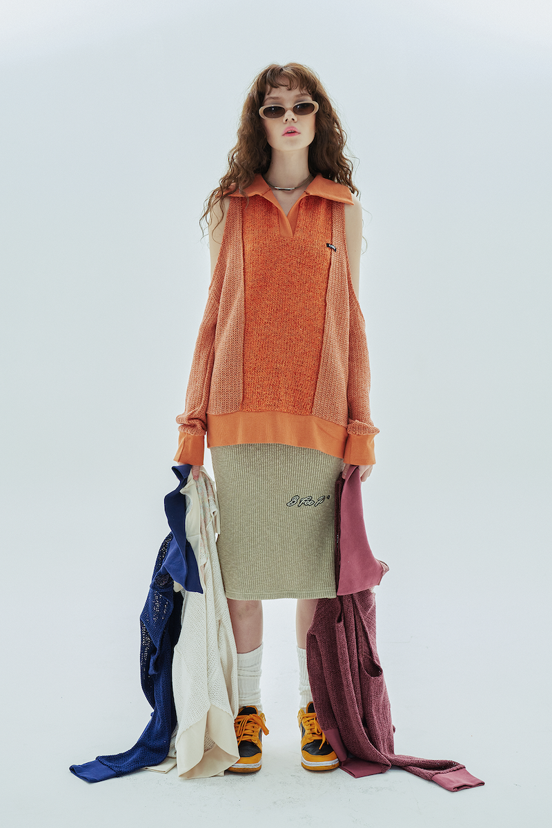 hole collar knit_orange