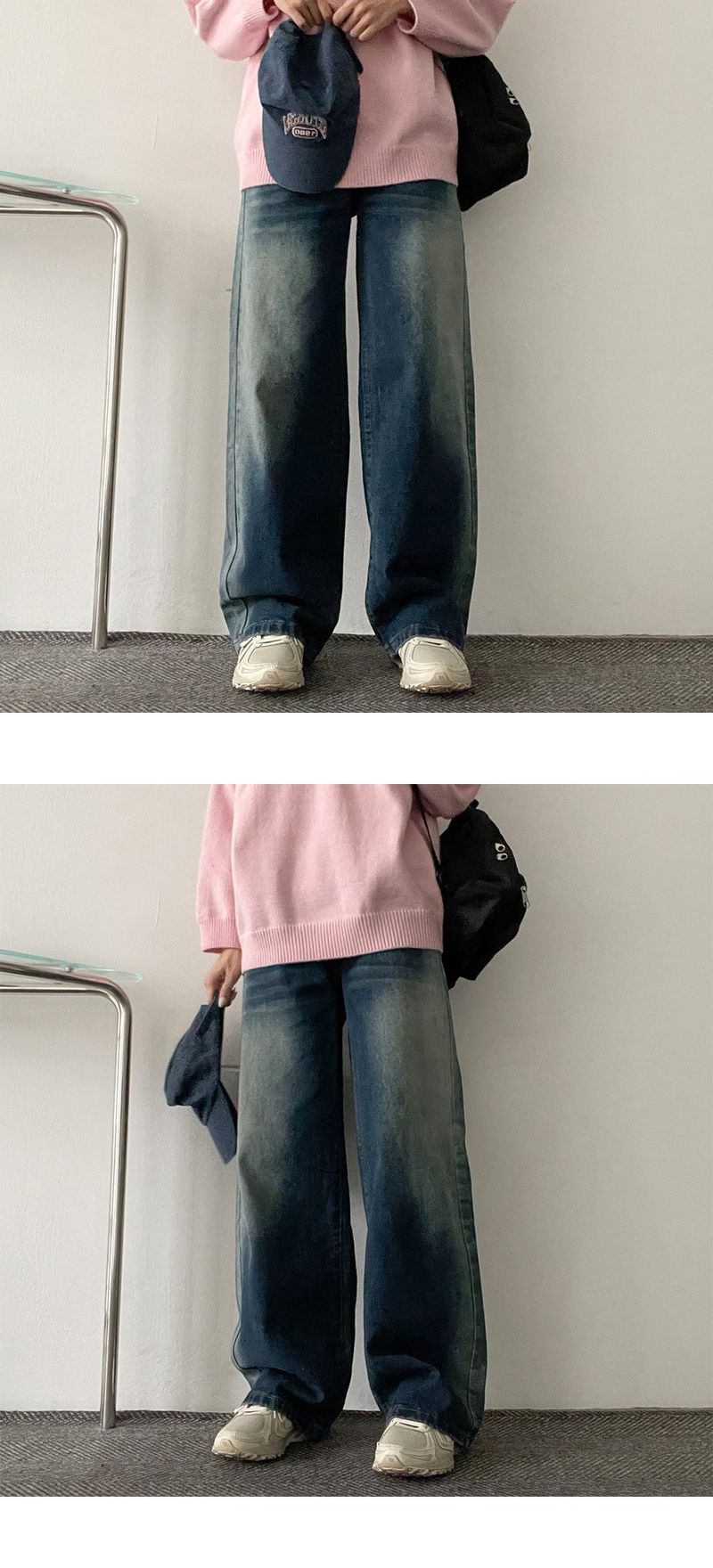 Lef back banding deep washed wide denim pants