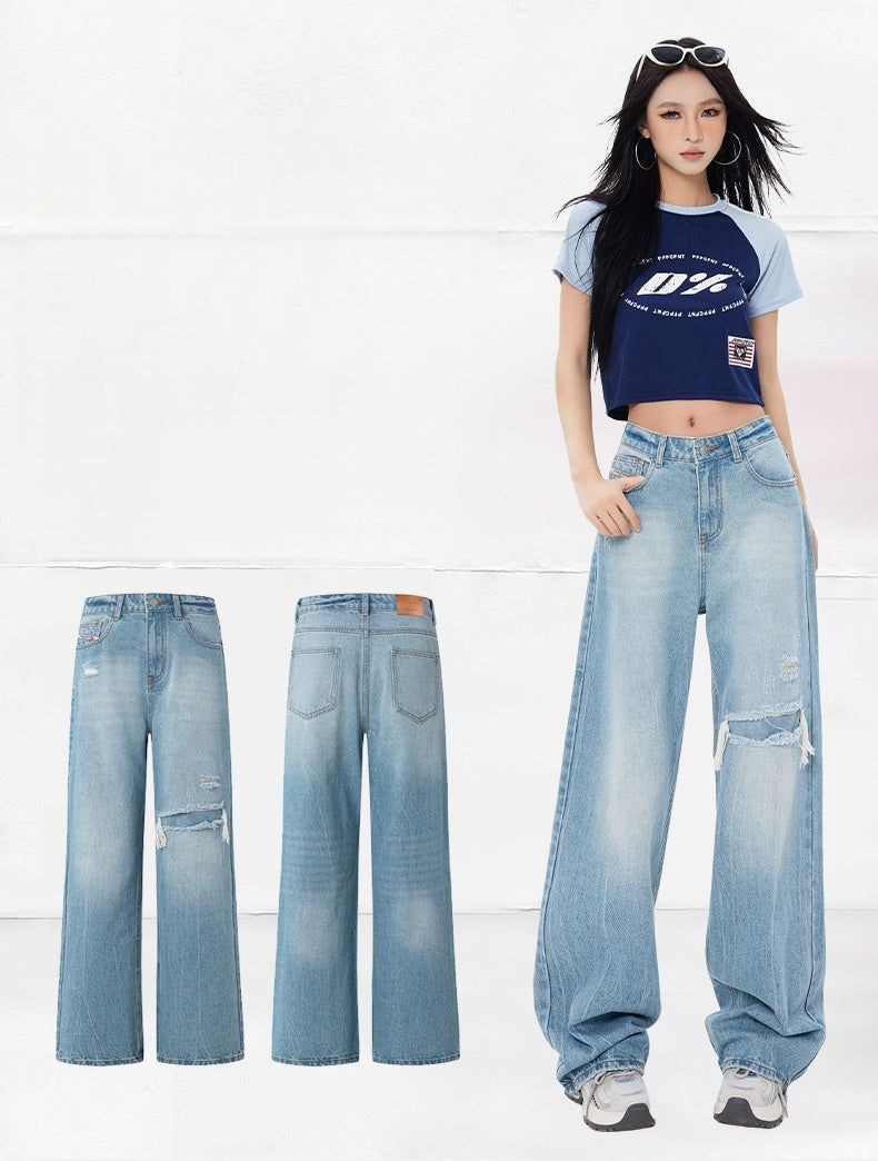 Vintage Frayed Distressed Wide Denim Pants