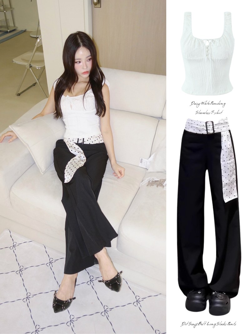Dot Scarf Belt Long Slacks Pants