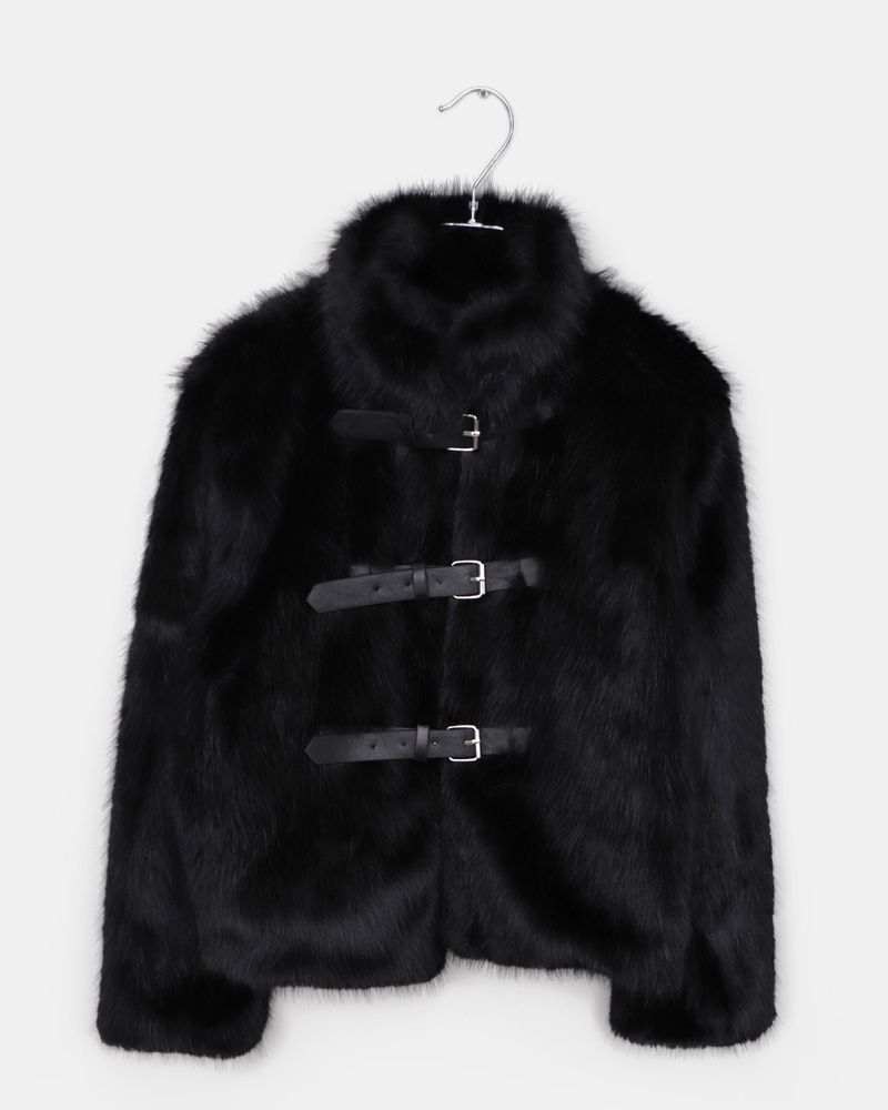 Eri Buckle High-neck Fur Short Jacket