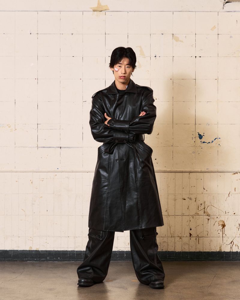 Curved Leather Trench coat (Black)