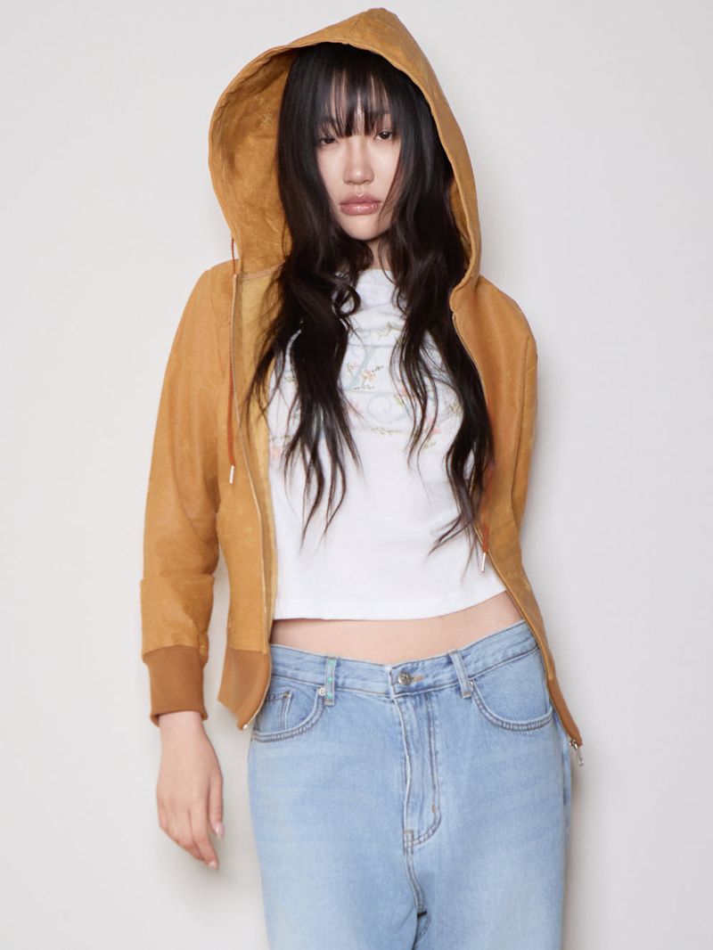 Distressed Leather Zip Hoodie