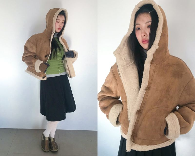 Femme Duffle Hooded Faux Shearling Jacket (2color)