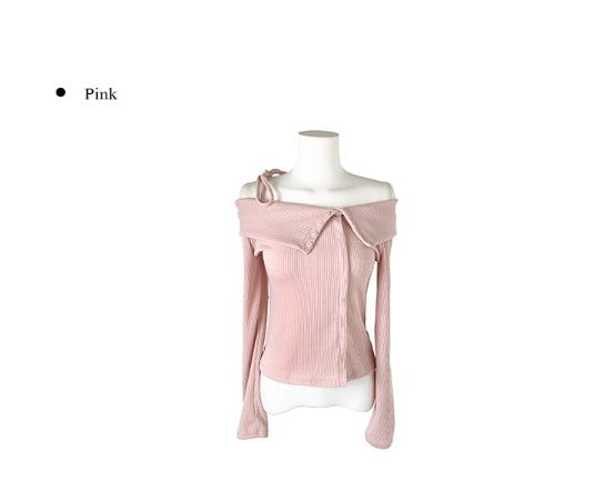 Cashier Button Off-Shoulder Unbalance Ribbon Knit