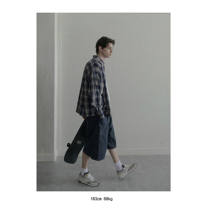 Vintage Washing gray blue check shirts
