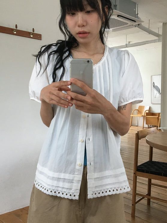 Leonne Lace Punching Short Sleeve Blouse