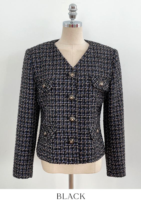 Bowl Check V-Neck Pearl Tweed Jacket