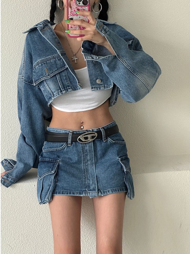 Wafer pocket cropped jean jacket
