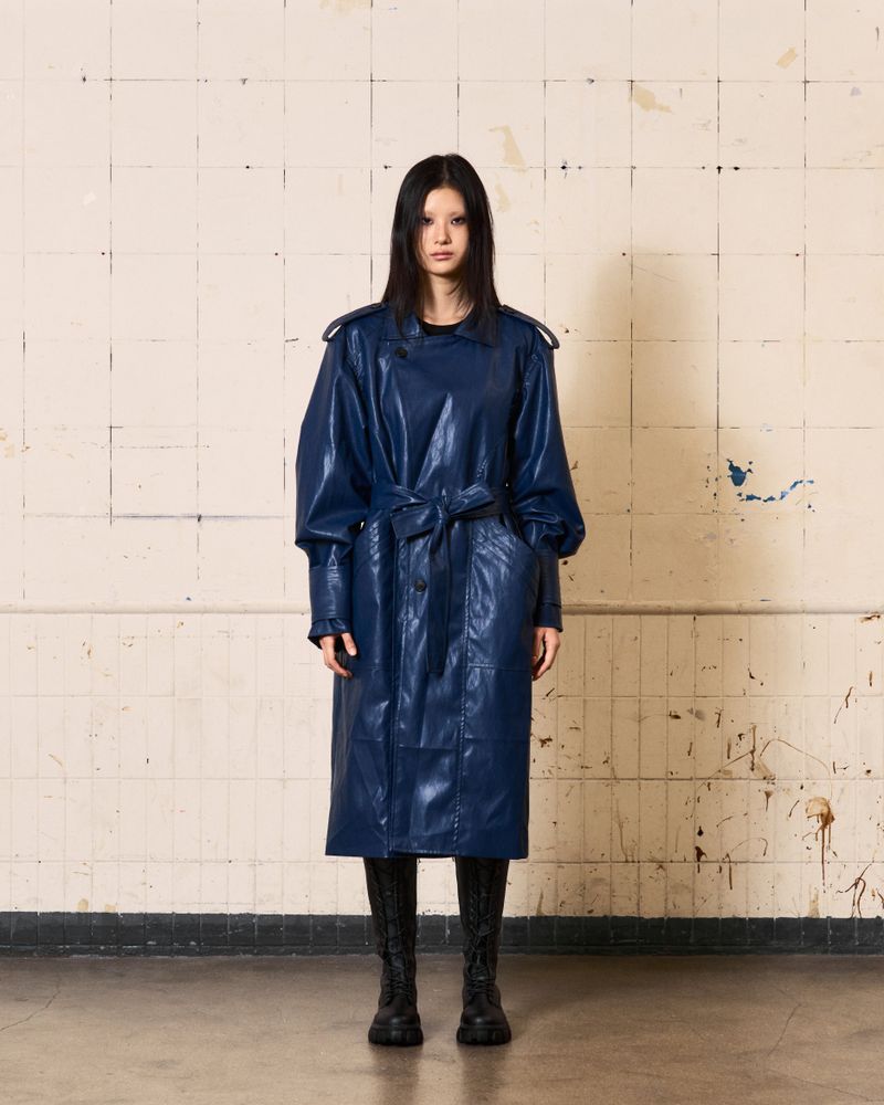Curved Leather Trench coat (Blue)