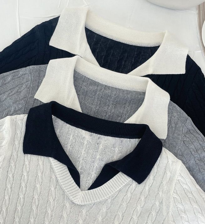 Rael Cable Color Matching Open Collar Knit