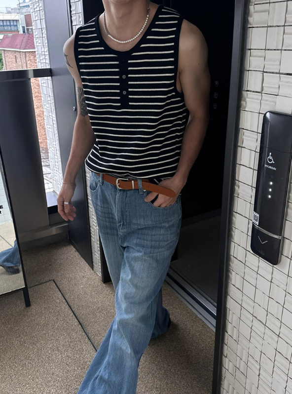 [S/S] Stripe henry neck sleeveless(3color)